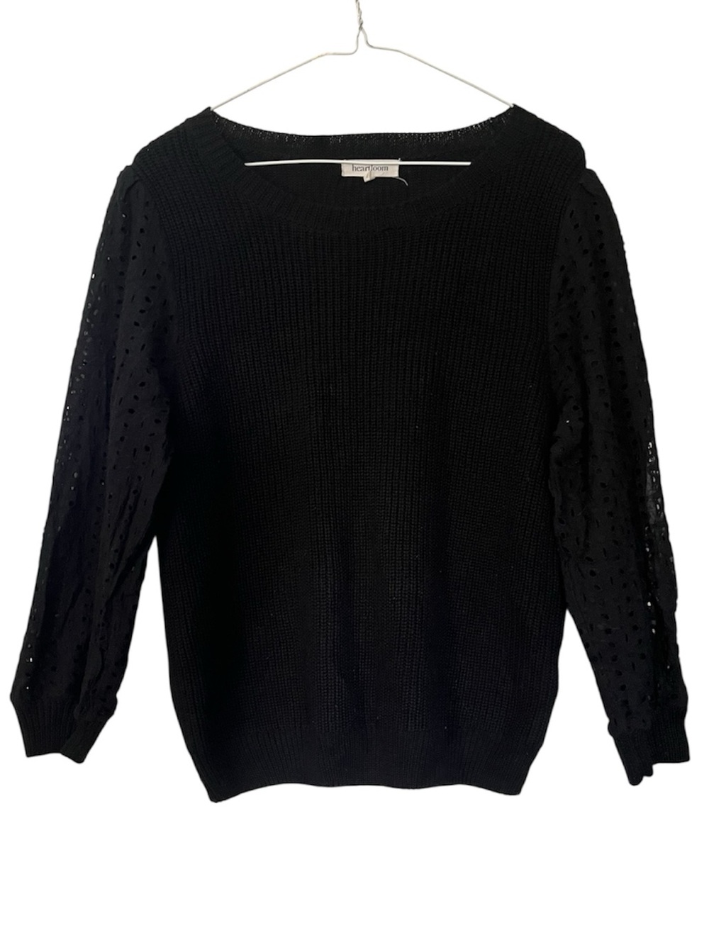 Black Women's Knit Cotton Sweater with Eyelet Pointelle Sleeve Detail